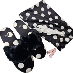 Victoria's Secret Signature Satin Polka Dot Faux Fur Slippers with Bag